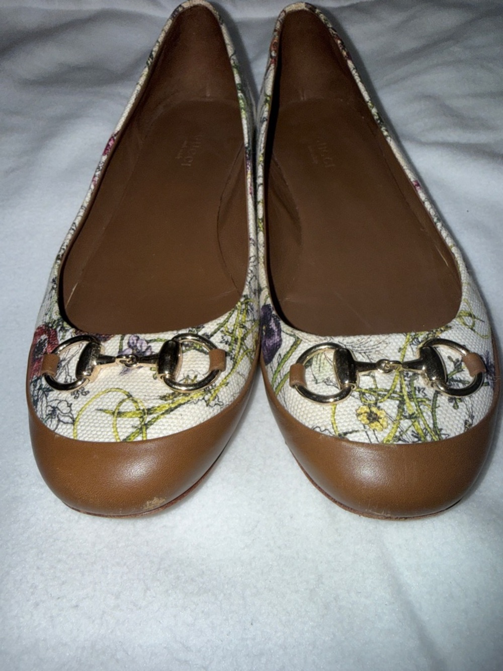 Gucci Brown Leather & Cream Floral Canvas Horsebit Ballet Flats